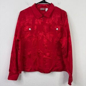 Chicos Jacket Womens 2/L Red Silk Blend Floral‎ Jacquard Luxury Whimsical Artsy